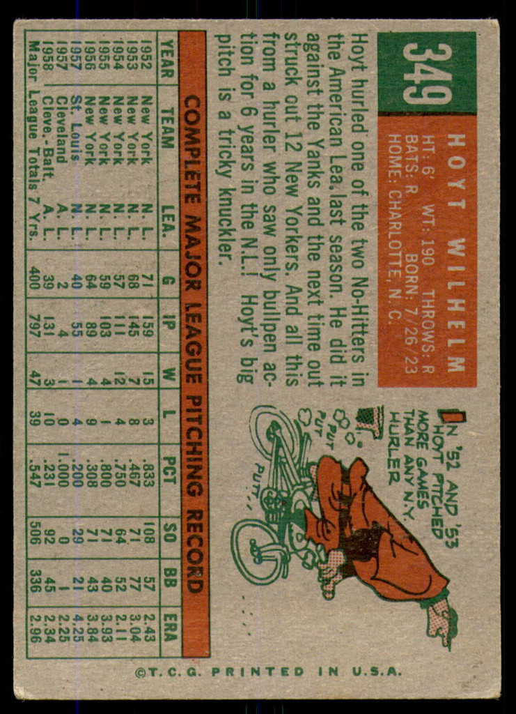 1959 Topps #349 Hoyt Wilhelm UER Very Good  ID: 214931