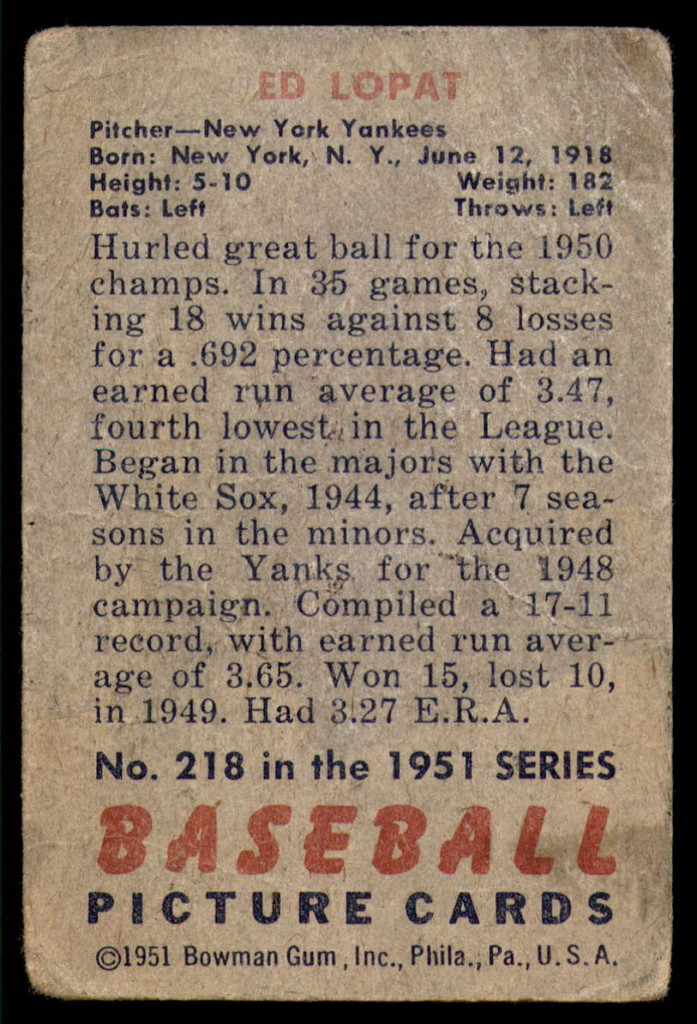 1951 Bowman #218 Ed Lopat Poor 