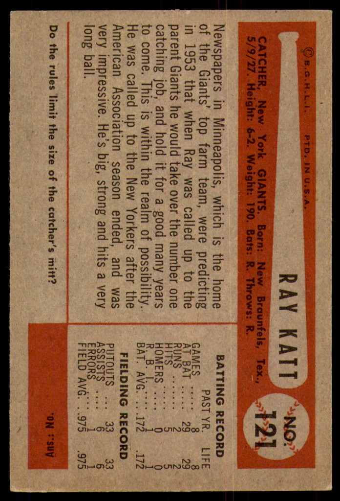 1954 Bowman #121 Ray Katt Excellent+ RC Rookie  ID: 237769
