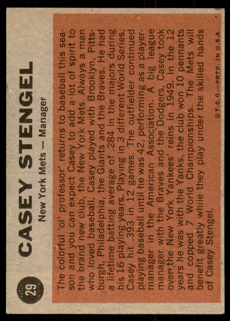 1962 Topps #29 Casey Stengel MG Very Good  ID: 215251