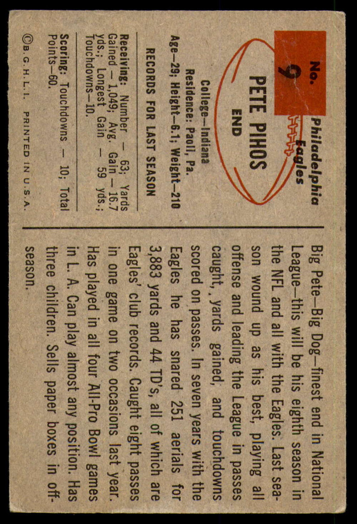 1954 Bowman #9 Pete Pihos Very Good  ID: 236002