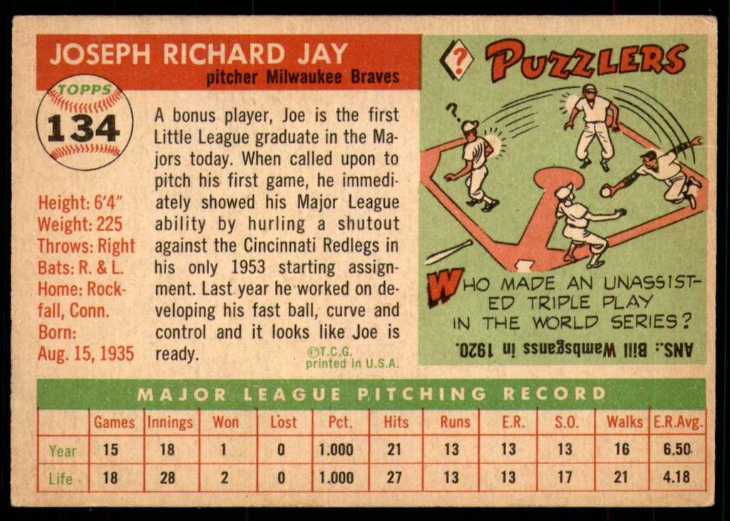 1955 Topps #134 Joe Jay Excellent 
