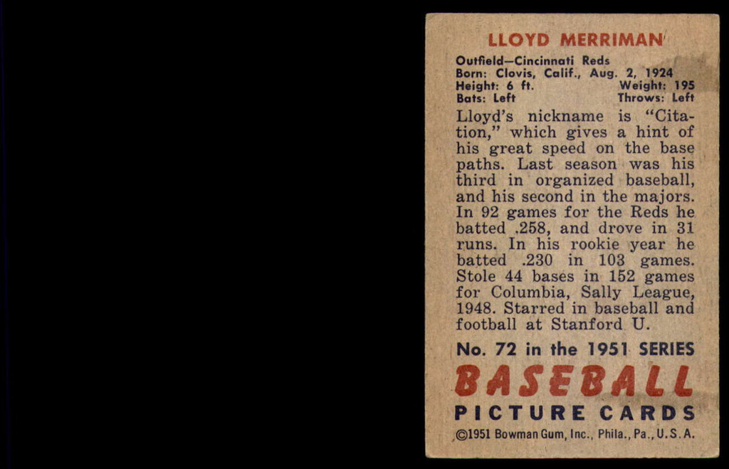 1951 Bowman #72 Lloyd Merriman Very Good  ID: 226792