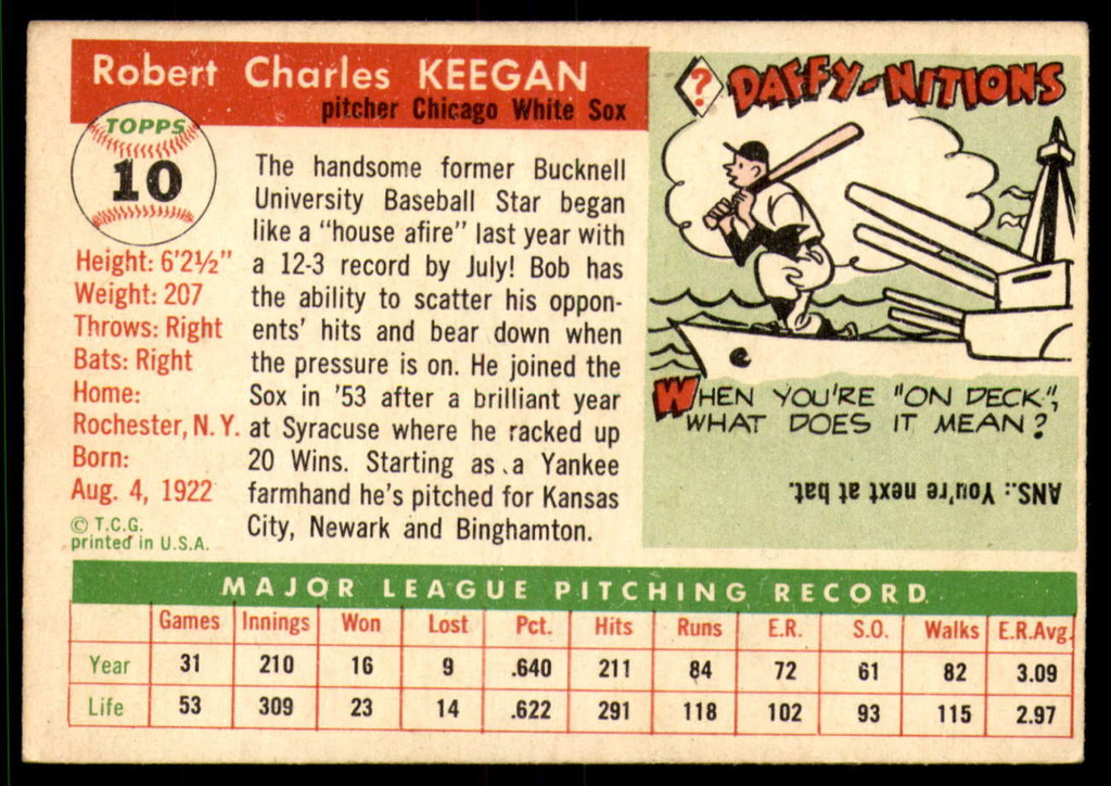 1955 Topps #10 Bob Keegan UER Excellent  ID: 238352