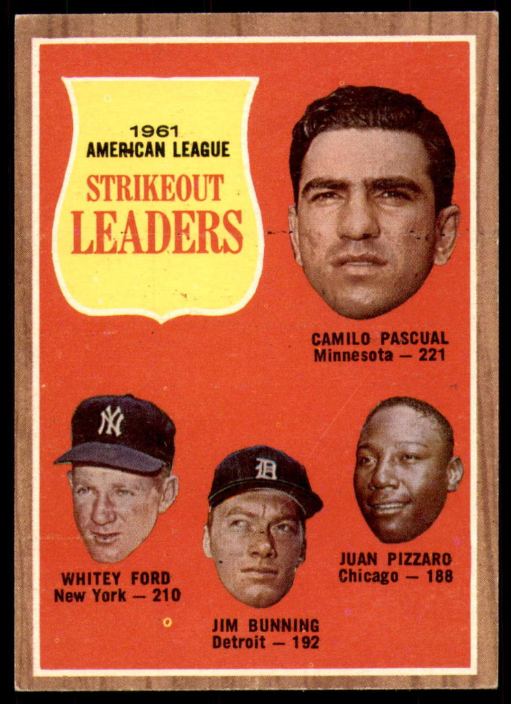 1962 Topps #59 Pascual/Ford/Bunning/Juan Pizarro A.L. Strikeout Leaders Ex-Mint  ID: 236341