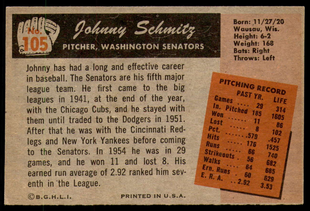 1955 Bowman #105 Johnny Schmitz Excellent+  ID: 214612