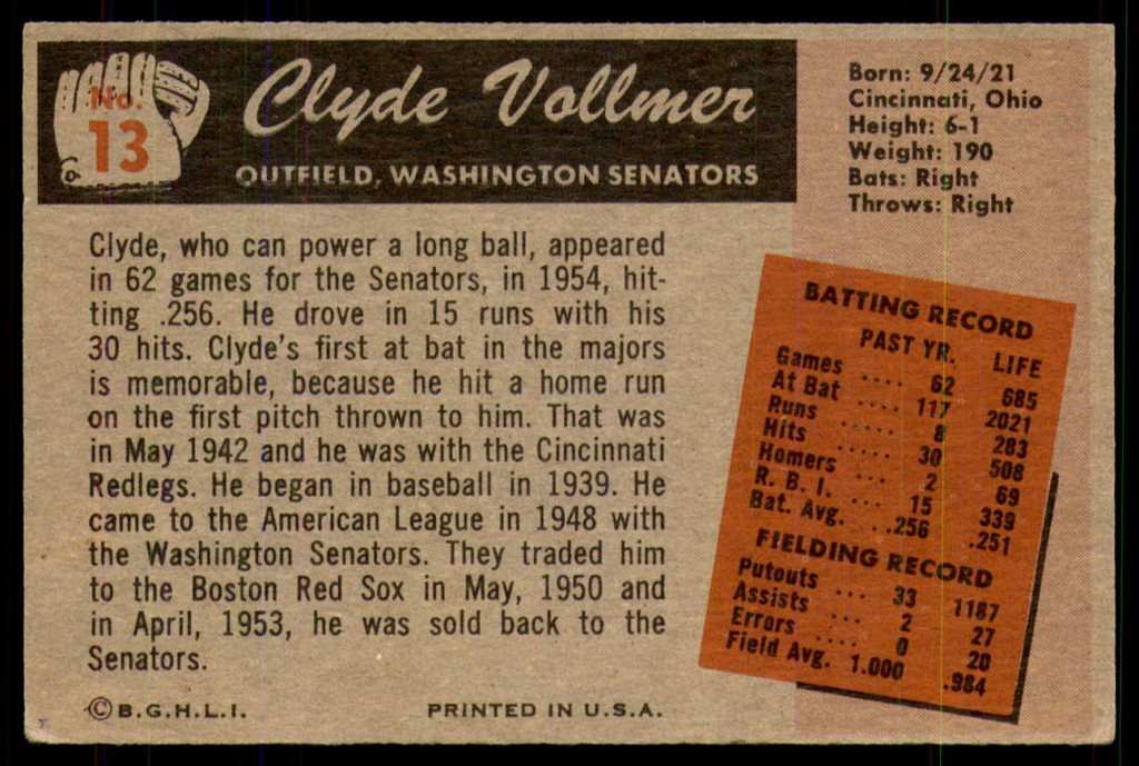 1955 Bowman #13 Clyde Vollmer Excellent 