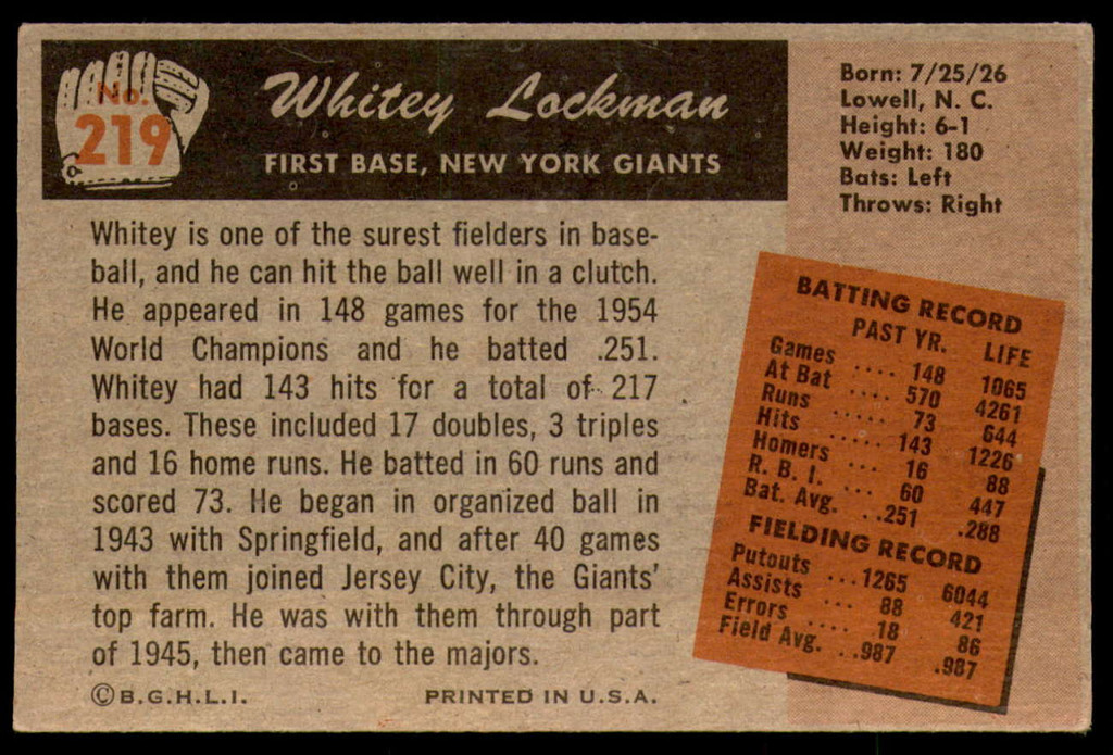 1955 Bowman #219 Whitey Lockman VG-EX  ID: 249689