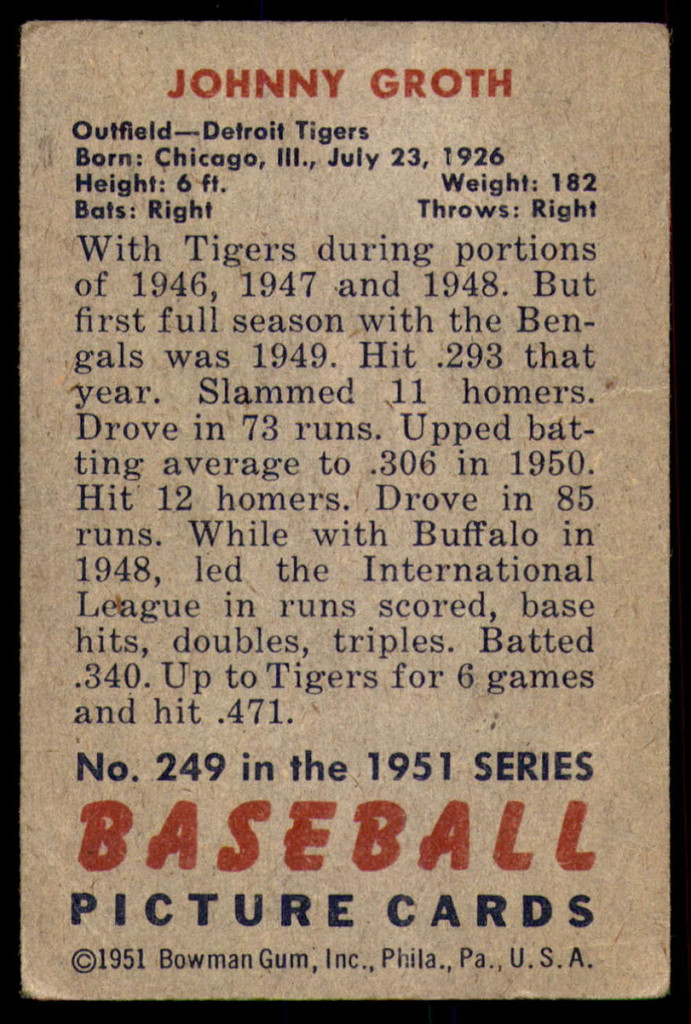 1951 Bowman #249 Johnny Groth G-VG  ID: 227170