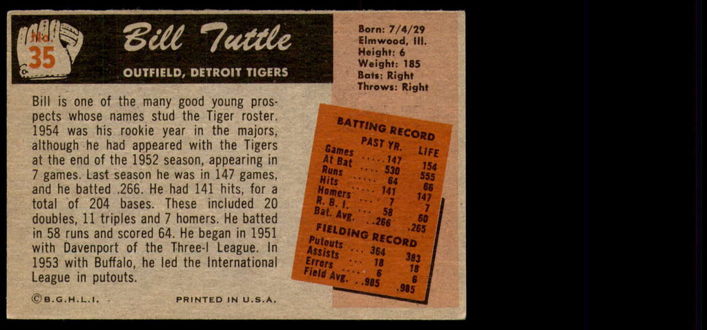 1955 Bowman #35 Bill Tuttle Excellent RC Rookie 