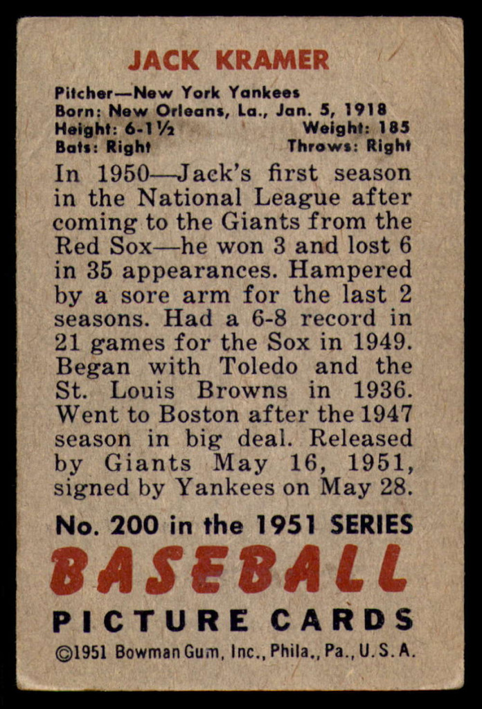 1951 Bowman #200 Jack Kramer Very Good  ID: 226946