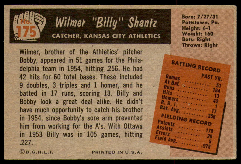1955 Bowman #175 Billy Shantz Excellent+ RC Rookie  ID: 242839