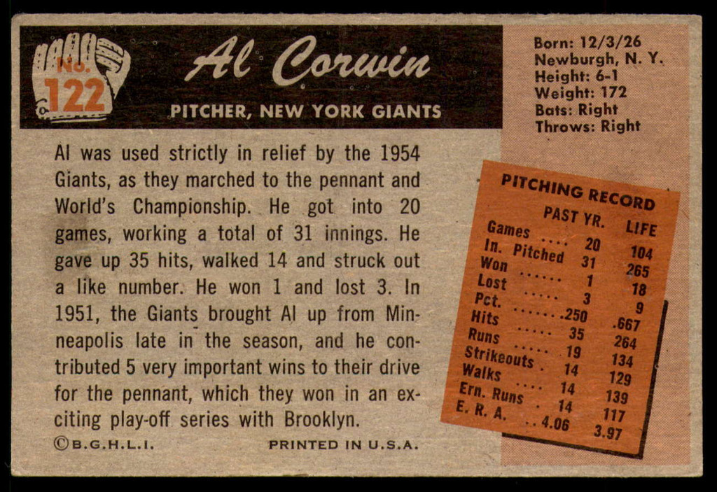 1955 Bowman #122 Al Corwin Excellent+ 