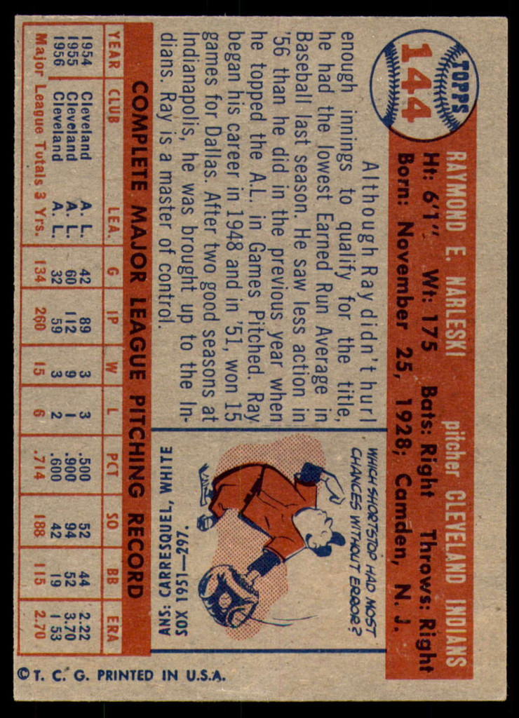 1957 Topps #144 Ray Narleski Ex-Mint 