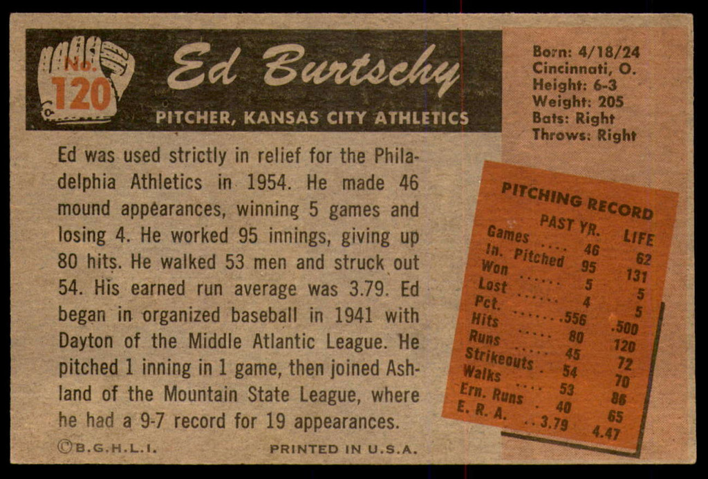 1955 Bowman #120 Ed Burtschy Excellent+ RC Rookie 