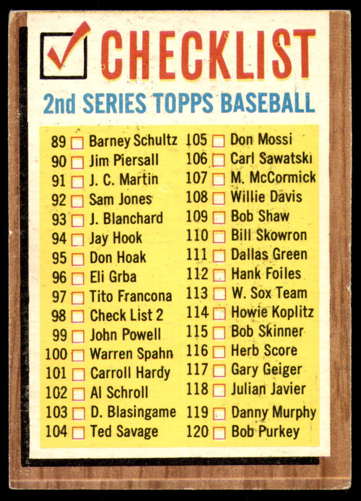1962 Topps #98 Checklist 89-176 Excellent  ID: 234950