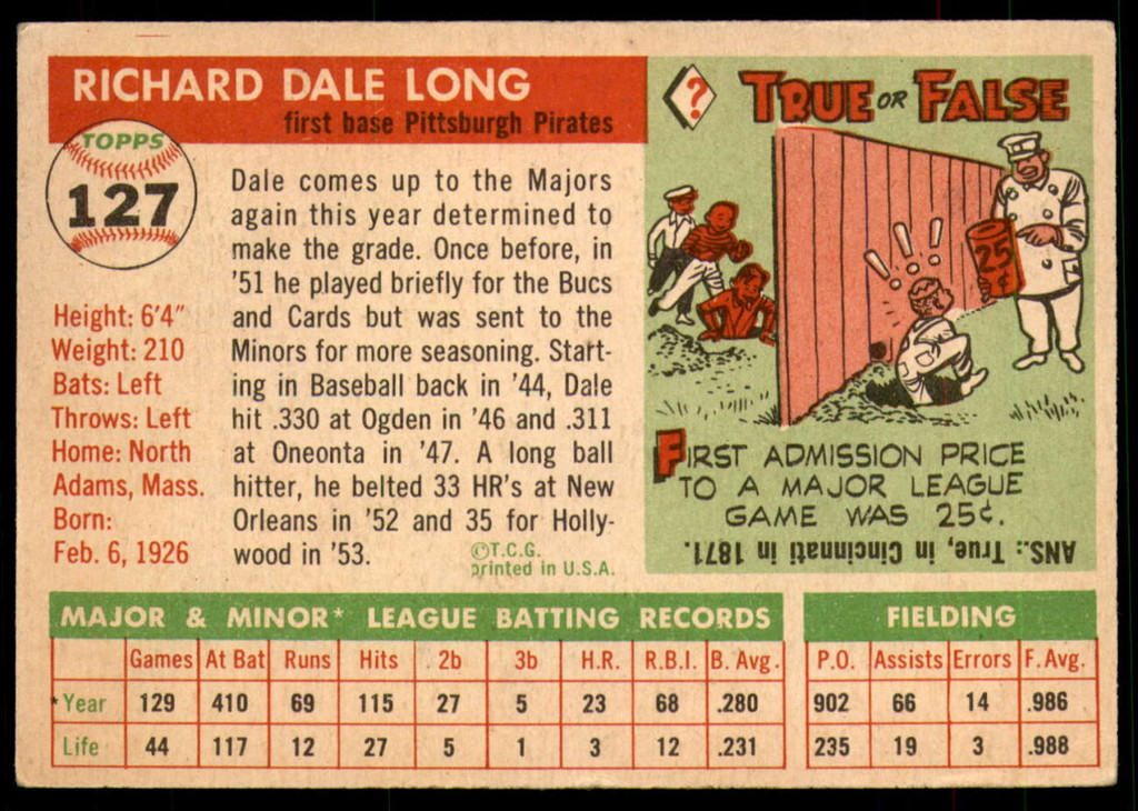 1955 Topps #127 Dale Long VG-EX RC Rookie 