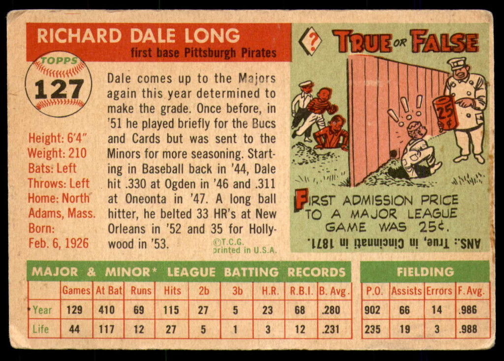 1955 Topps #127 Dale Long Very Good RC Rookie  ID: 228379