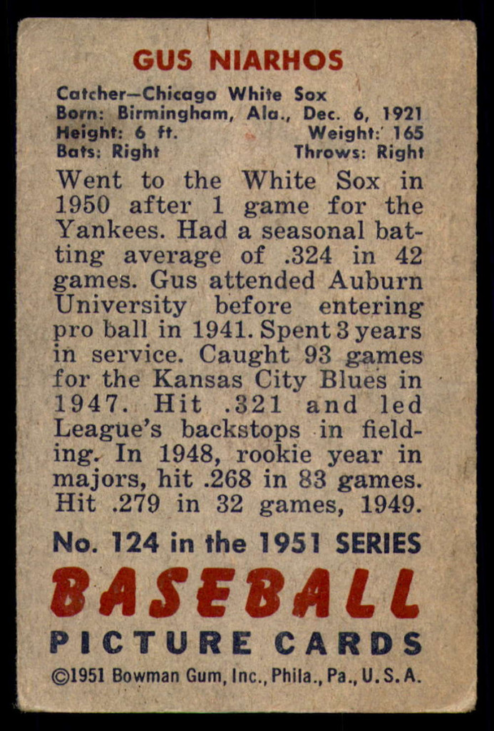 1951 Bowman #124 Gus Niarhos G-VG  ID: 226854