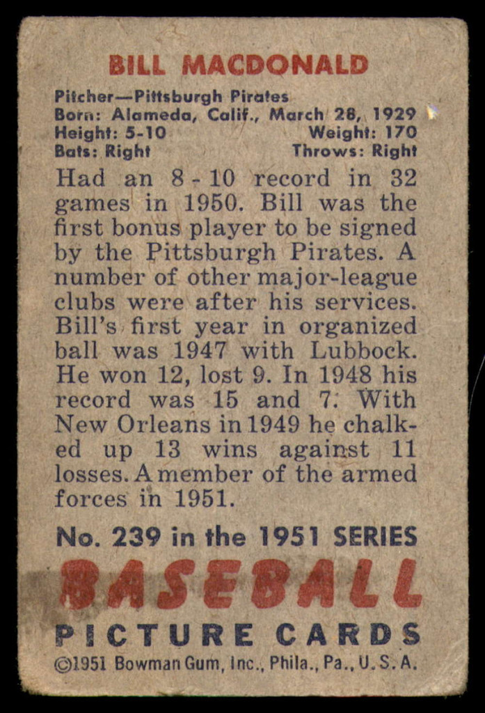 1951 Bowman #239 Bill MacDonald Good RC Rookie  ID: 227117