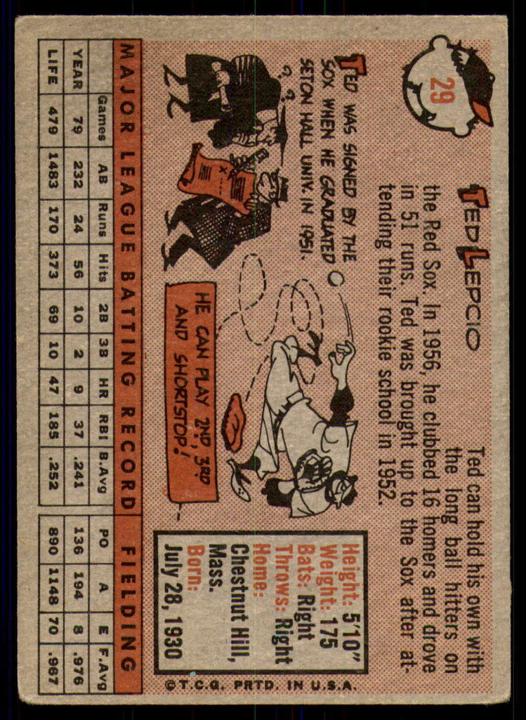 1958 Topps #29 Ted Lepcio UER VG-EX 