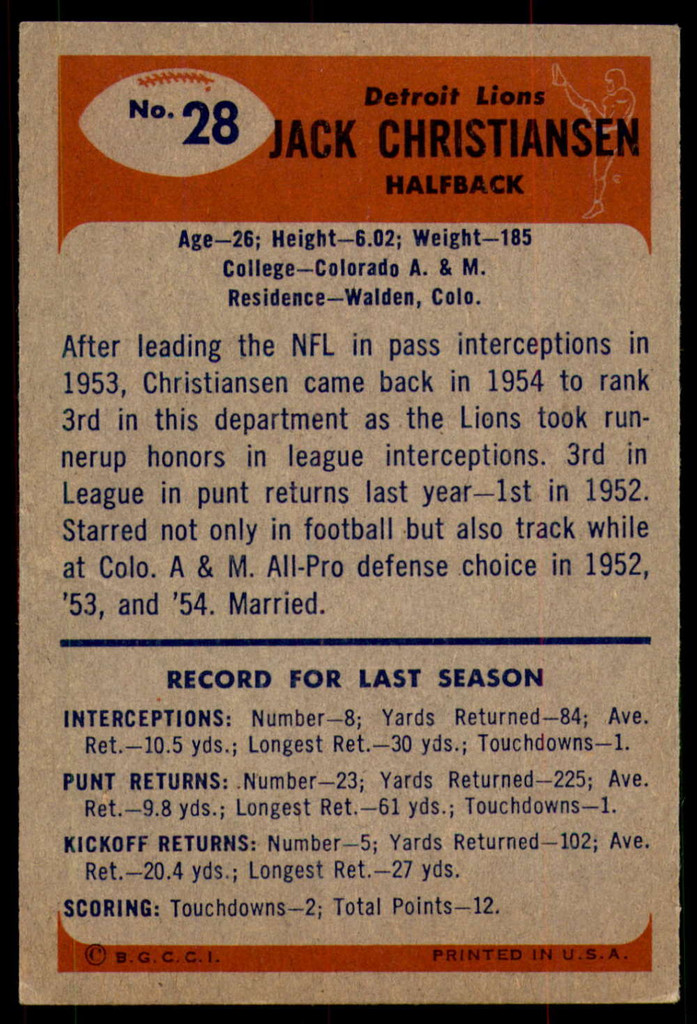 1955 Bowman #28 Jack Christiansen Very Good  ID: 243764