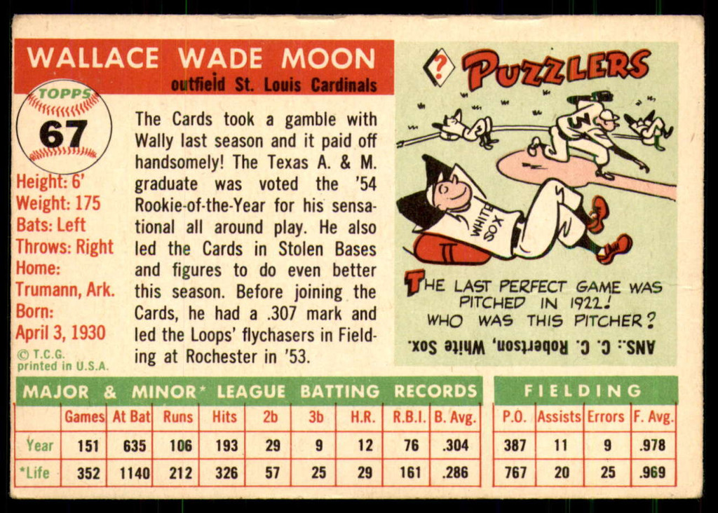 1955 Topps #67 Wally Moon Very Good  ID: 219964