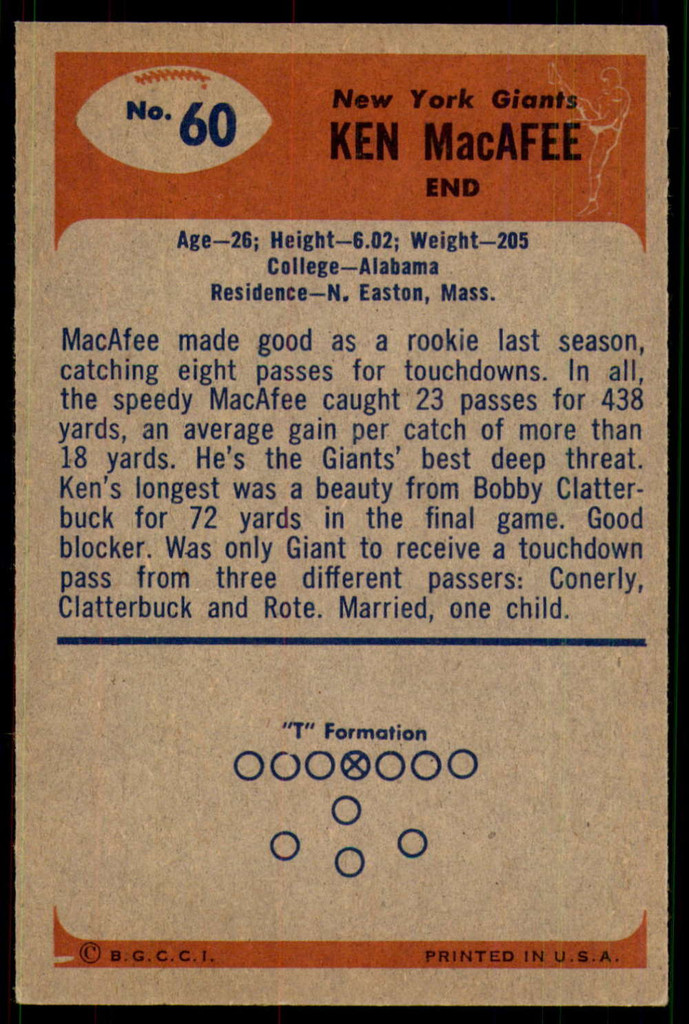 1955 Bowman #60 Ken MacAfee Excellent+ RC Rookie  ID: 222277