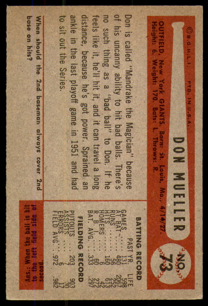 1954 Bowman #73 Don Mueller G-VG 