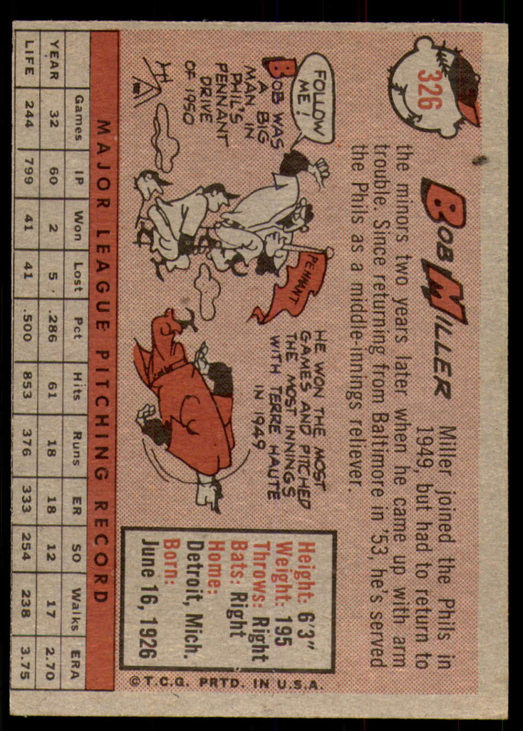1958 Topps #326 Bob Miller Excellent+  ID: 228177