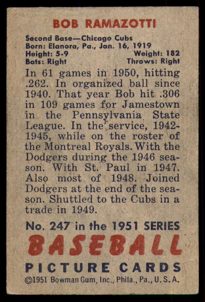 1951 Bowman #247 Bob Ramazzotti Good RC Rookie  ID: 227161