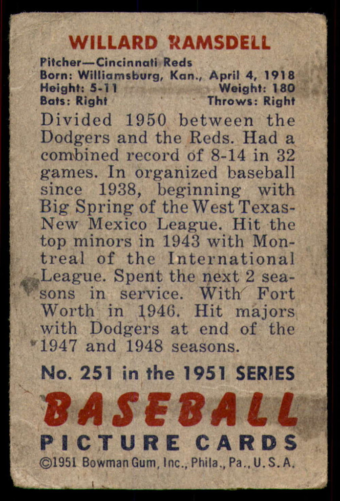 1951 Bowman #251 Willard Ramsdell Good RC Rookie  ID: 227183