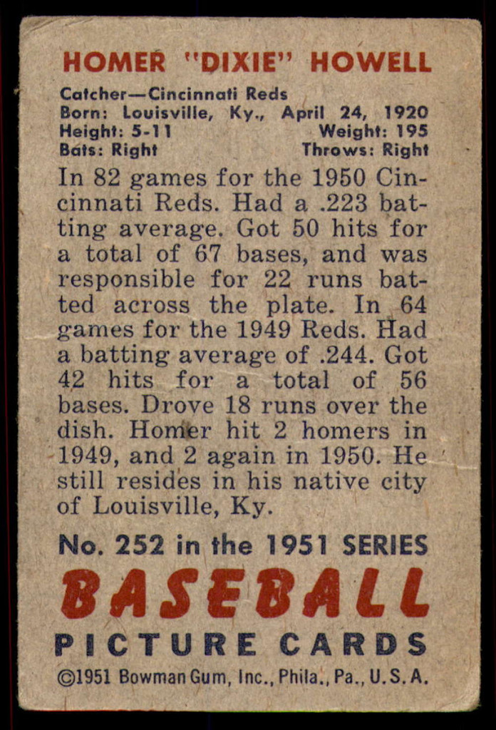 1951 Bowman #252 Homer Howell Good RC Rookie  ID: 227190