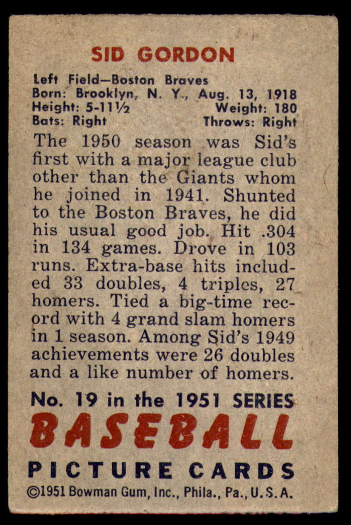 1951 Bowman #19 Sid Gordon G-VG  ID: 226686