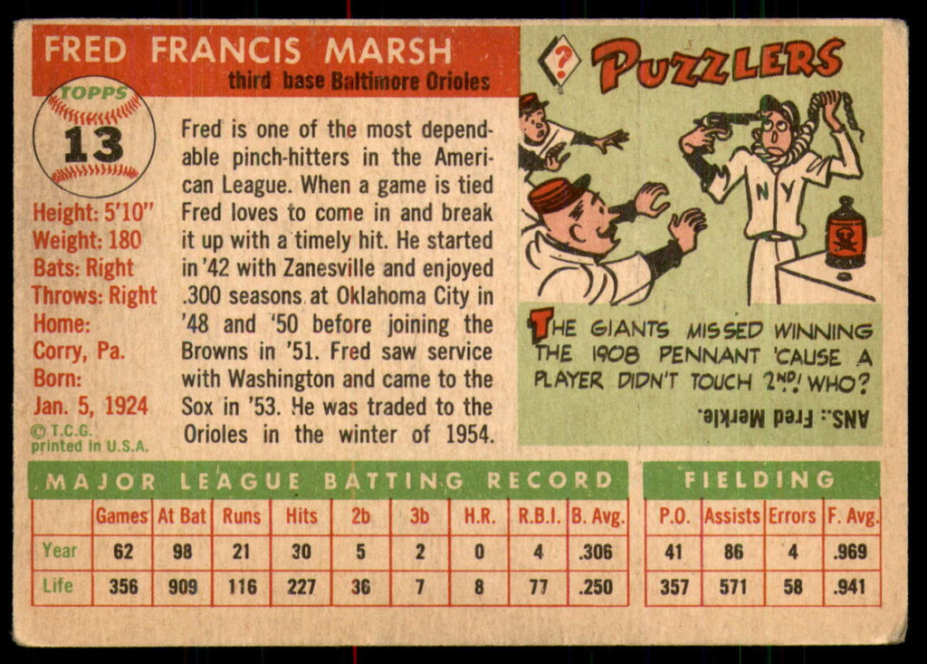 1955 Topps #13 Fred Marsh VG-EX  ID: 219808