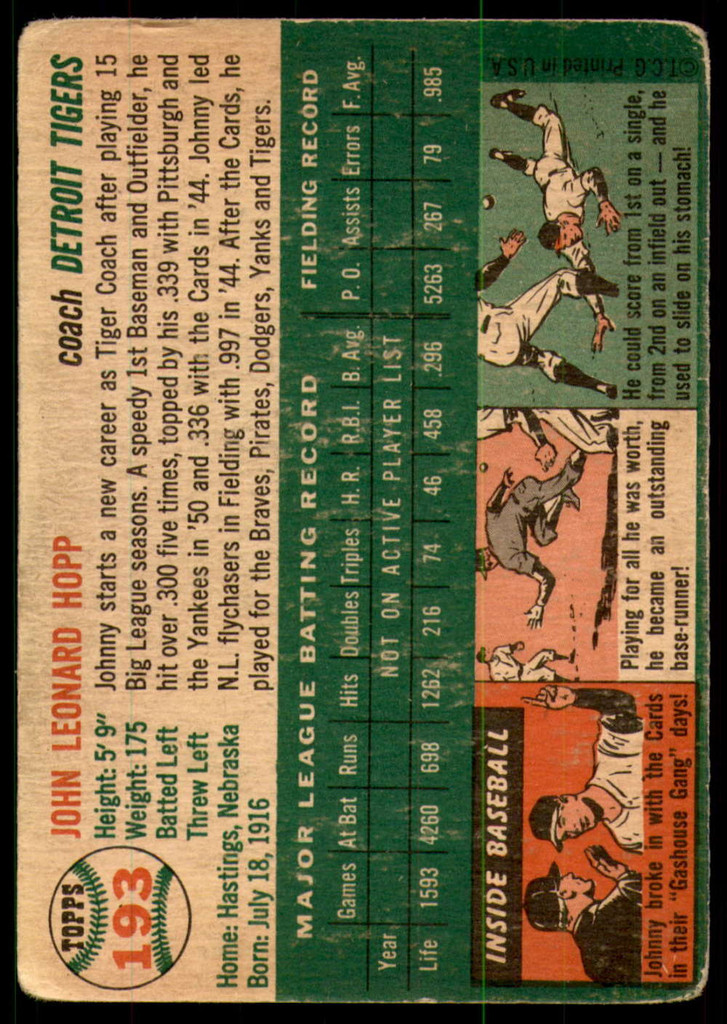 1954 Topps #193 Johnny Hopp CO Good 