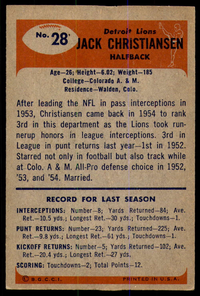 1955 Bowman #28 Jack Christiansen Very Good  ID: 225485