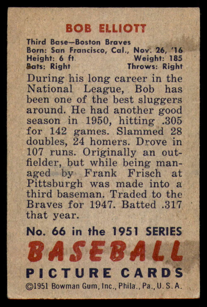 1951 Bowman #66 Bob Elliott Good  ID: 226773