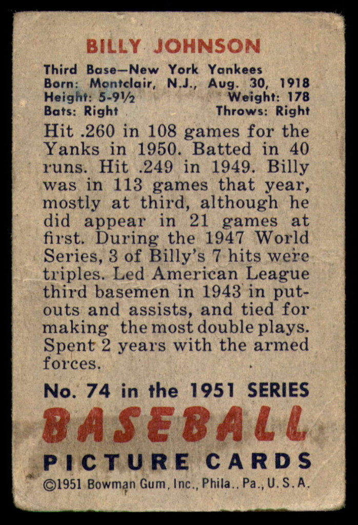 1951 Bowman #74 Billy Johnson Good 