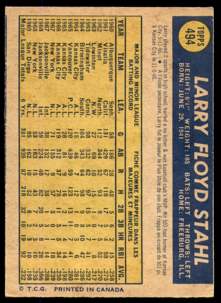 1970 O-Pee-Chee #494 Larry Stahl Very Good 