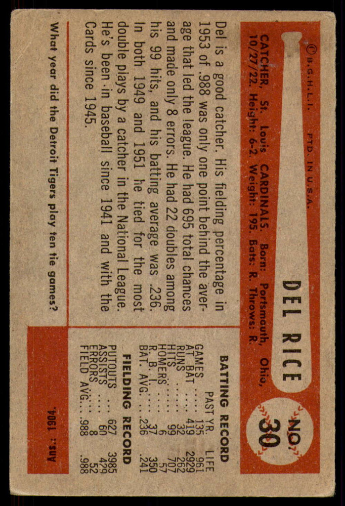 1954 Bowman #30 Del Rice Jr. Very Good  ID: 219662
