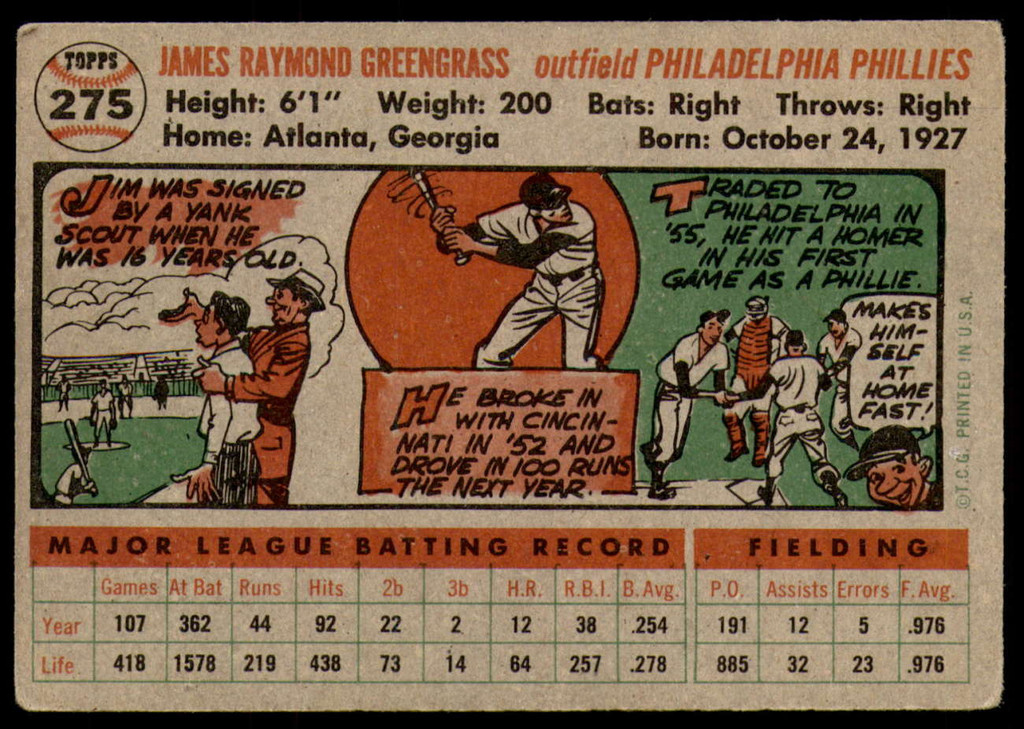 1956 Topps #275 Jim Greengrass Very Good  ID: 220688