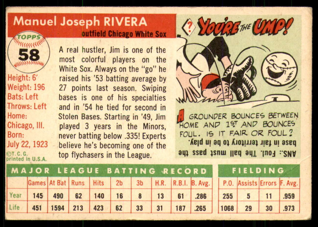 1955 Topps #58 Jim Rivera UER Very Good  ID: 219923