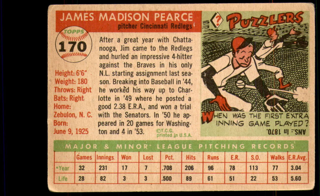 1955 Topps #170 Jim Pearce DP G-VG RC Rookie 