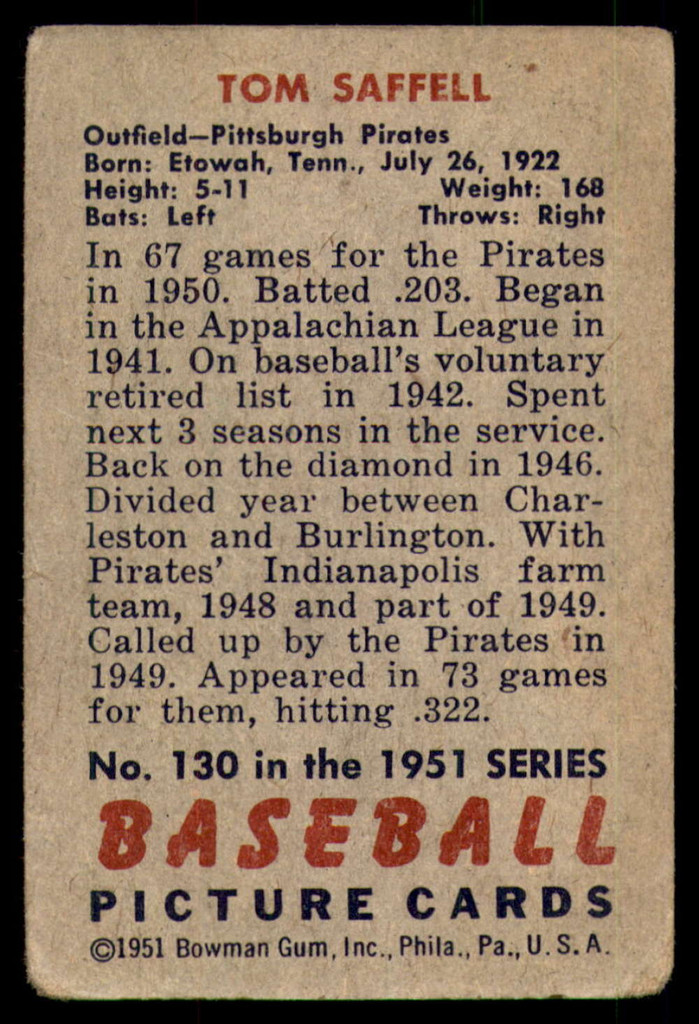 1951 Bowman #130 Tom Saffell Good RC Rookie 
