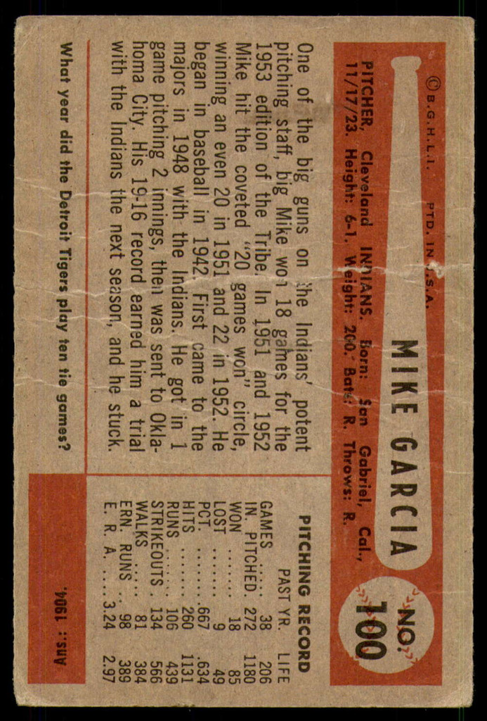 1954 Bowman #100 Mike Garcia Good 