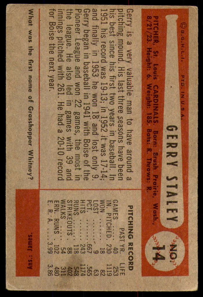 1954 Bowman #14 Jerry Staley Very Good  ID: 237638