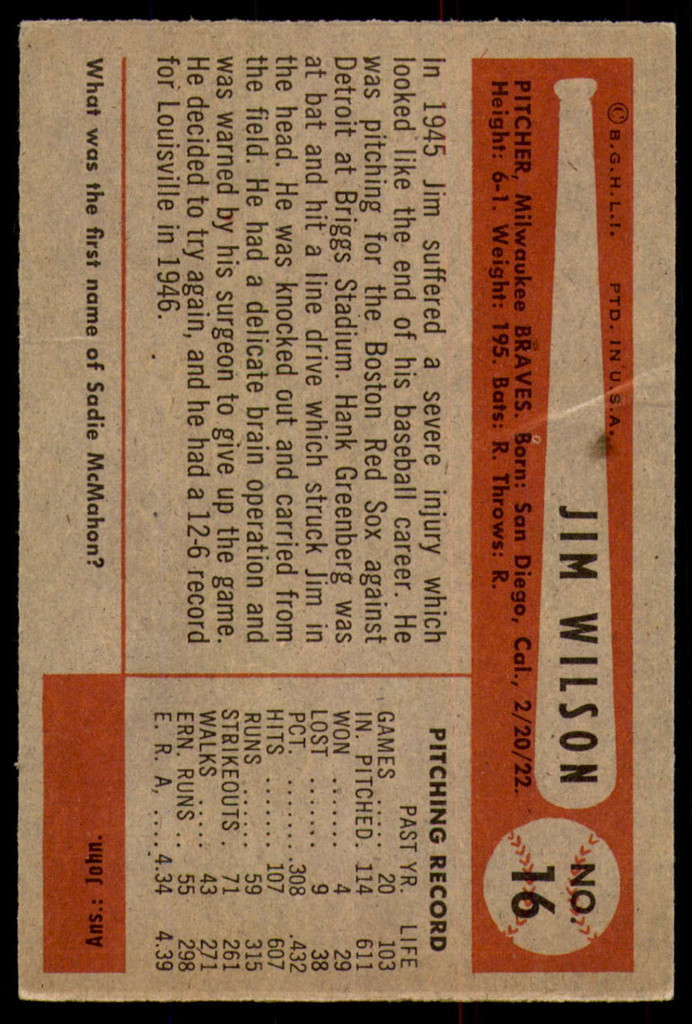 1954 Bowman #16 Jim Wilson Very Good  ID: 237640