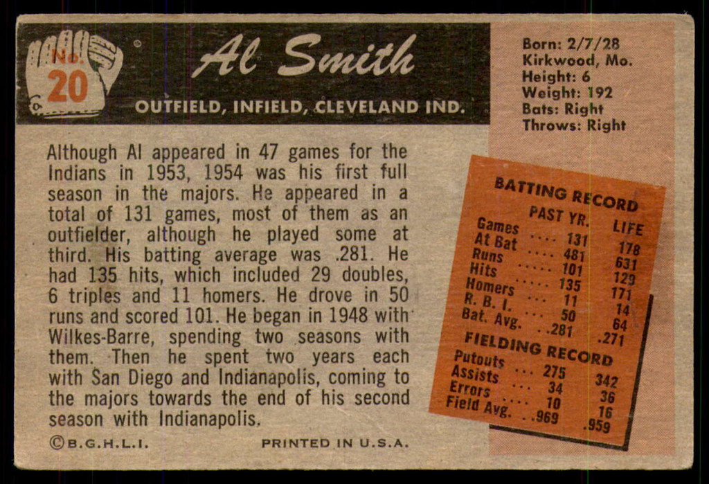 1955 Bowman #20 Al Smith G-VG 