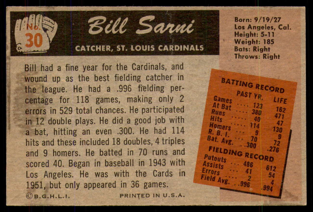 1955 Bowman #30 Bill Sarni Very Good  ID: 220262